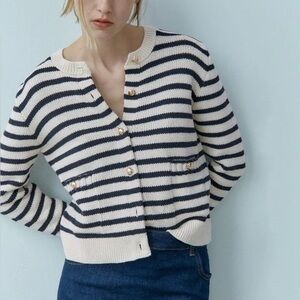 ZARA Navy Blue Cream Knit Striped Cardigan Sweater Gold Buttons Size Medium